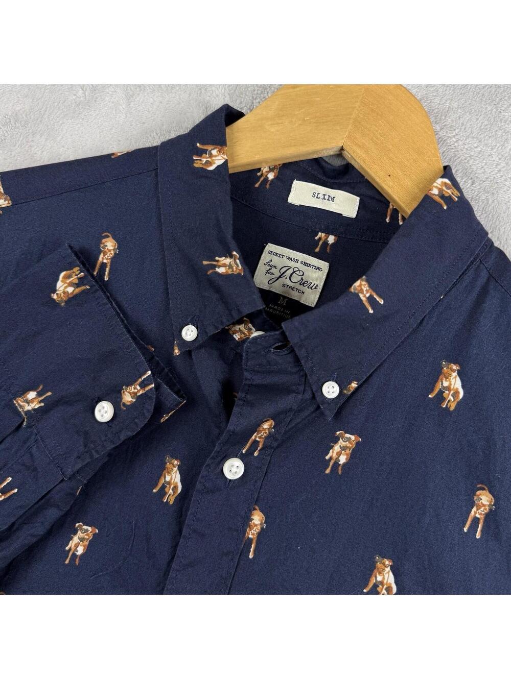 J.Crew Secret Wash Shirt Men Medium Navy Dog Print Button Front Stretch Slim Fit